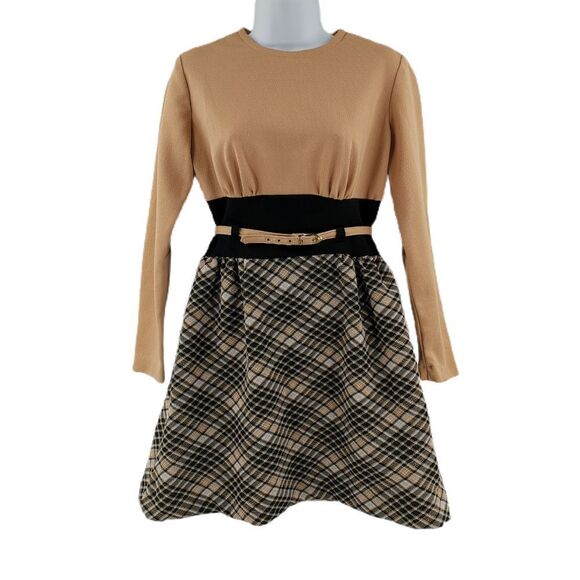 Vintage Tan and Black Plaid Dress - Picture 1 of 3